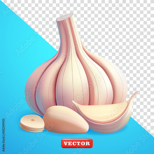 Garlic, 3d vector. Suitable for decoration, elements, cooking spices and advertising