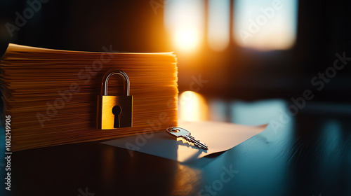 Close-up of lock on stack of papers with key and warm sunset glow, symbolizing security and confidentiality. photo