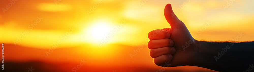 Obraz premium Hand giving thumbs up gesture against beautiful sunset, symbolizing positivity and good vibes.