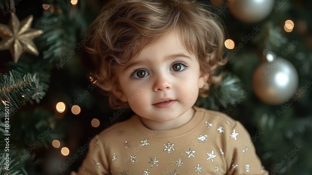 Festive Gold Jumpsuit with Sparkling Star Pattern Perfect for Holiday Celebrations and Family Gatherings Featuring a Cute Child Amidst a Christmas Tree Festive Gold Jumpsuit with Sparkling Star Pattern Perfect for Holiday Celebrations and Family Gatherings Featuring a Cute Child Amidst a Christmas Tree