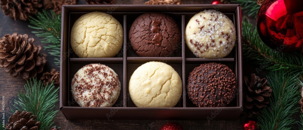 A beautifully arranged box holds six distinct cookies, perfect for celebrating New Year's Eve, complemented by pinecones and festive decorations A beautifully arranged box holds six distinct cookies, perfect for celebrating New Year's Eve, complemented by pinecones and festive decorations
