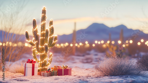 Festive cactus with lights and gift boxes in snowy desert holiday scene