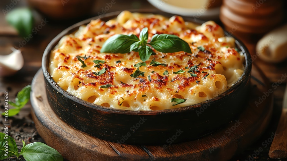 Baked macaroni and cheese, golden crust, basil garnish, rustic wooden background Baked macaroni and cheese, golden crust, basil garnish, rustic wooden background