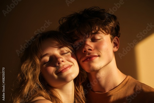 A couple embraces gently, sharing a warm moment together indoors, with soft light creating a cozy atmosphere around them