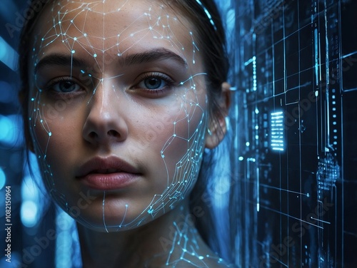 Futuristic front portrait of a woman with illuminated facial mapping and digital network patterns