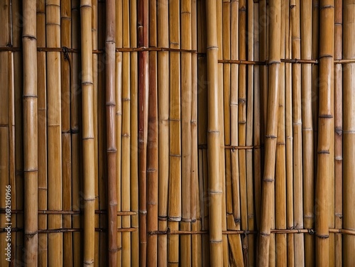Vertical bamboo rods aligned to form a natural texture with rustic and eco-friendly appeal
