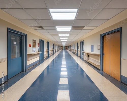 Empty school hallway with classroom doors