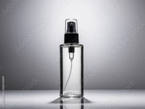 Minimalistic clear spray bottle with black nozzle on reflective surface under soft studio lighting