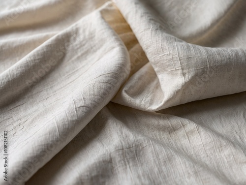 Soft beige linen fabric with intricate natural texture and gentle draped folds, showcasing eco-friendly material in a light neutral color