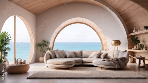 Cozy lounge area with arched wooden windows, comfortable seating, and ocean views