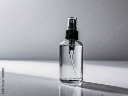 Transparent spray bottle with black cap on a clean white background, minimalistic and modern design for packaging concepts