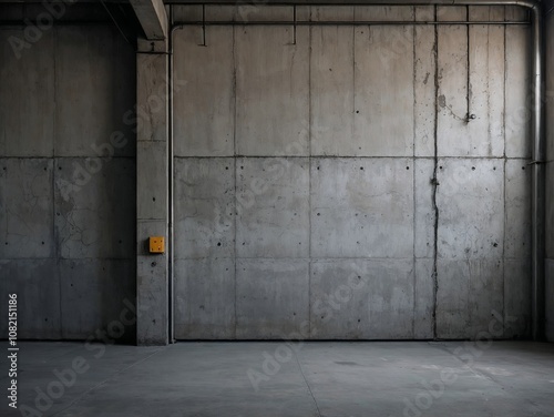 Industrial concrete interior with exposed walls, pipes, and raw finishes in a minimalist style