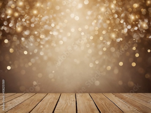Wooden table with golden bokeh lights in the background, perfect for festive, product display, or holiday-themed compositions