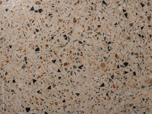 Beige terrazzo texture with multicolored details and polished finish, perfect for modern interior design and wall cladding