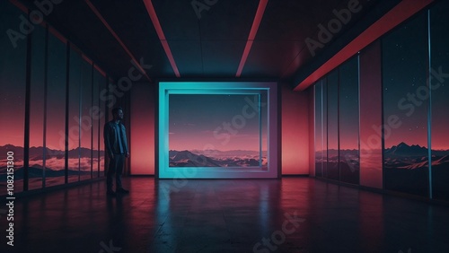Modern interior with a panoramic view of a surreal mountain landscape, illuminated by vibrant neon lights