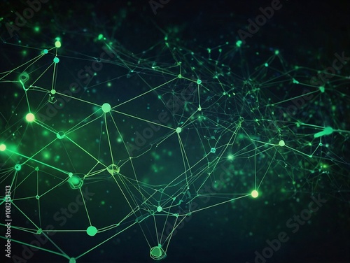 Futuristic network visualization with glowing green nodes and connecting lines forming an abstract digital web