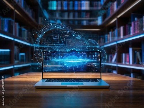 Futuristic digital library with a laptop displaying an artificial intelligence hologram, technology and innovation in education
