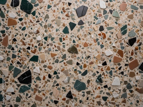 Multicolored terrazzo surface with large pieces in green, brown, and white tones, perfect for contemporary design and creative finishes