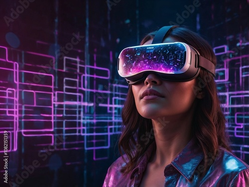 Woman experiencing virtual reality in a neon grid environment, futuristic digital gaming and immersive VR simulation