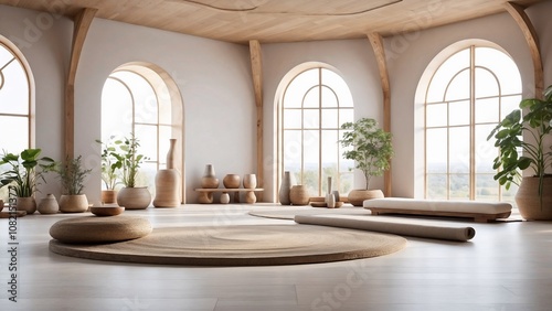 Bright open space with wooden beams, large windows, and natural decor featuring potted plants and earthy tones