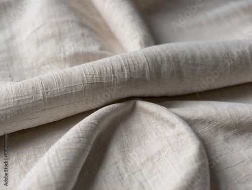 Beige linen fabric with a natural woven texture, soft folds, and draped appearance in neutral tones for textile or interior design