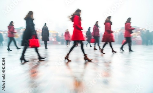 Blurred background : people shopping at market fair in sunny day , isolated on white background,  , copy space, copy space for text, photo