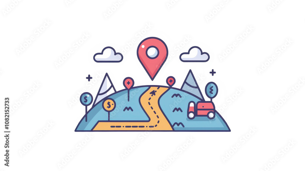 Illustrative Image of a Line Route with Map Pointer Location for Trip Planning and Navigation Purposes in Various Scenarios