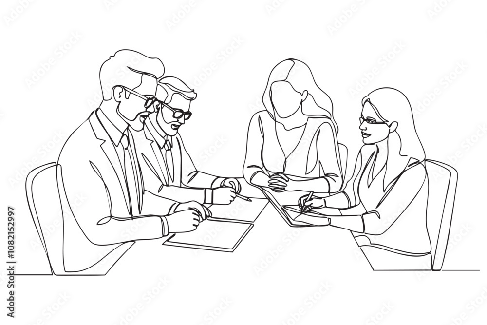 Continuous one line drawing young professionals are discussing team projects on the table Continuous one line drawing young professionals are discussing team projects on the table