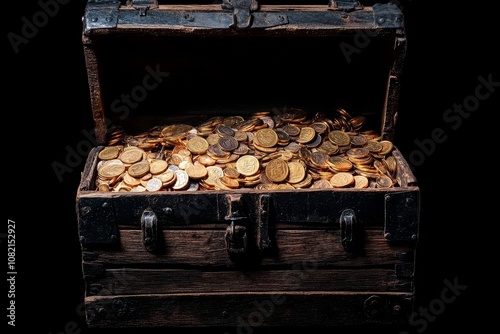 A weathered treasure chest overflowing with shiny gold coins captured against a dark background, evoking ancient tales of hidden riches