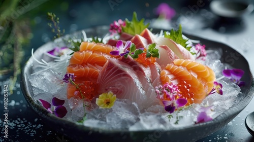 Artfully Arranged Slices of Hamachi, Fluke, and Uni Served on Ice with Edible Flowers and Fresh Herbs for a Stunning Culinary Presentation