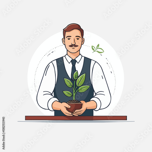 business illustration of man holding tree pot 