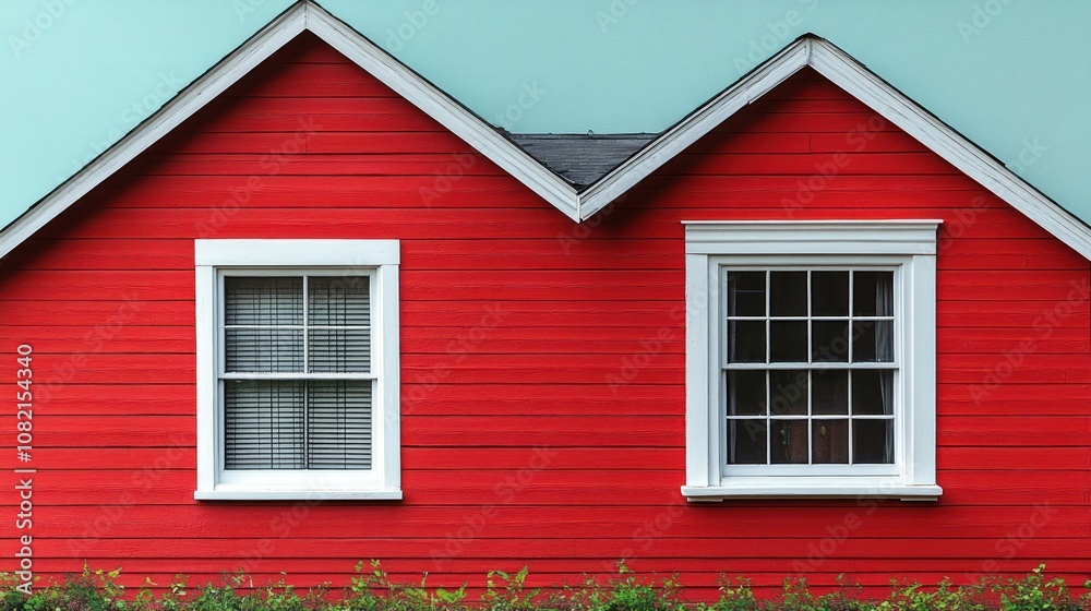 A vibrant red house with white-framed windows against a blue background.
