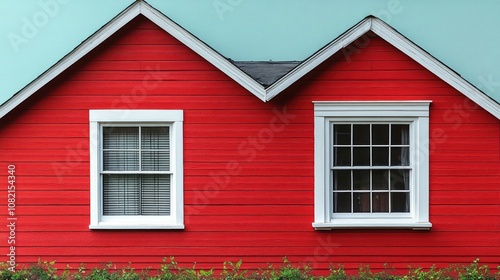 A vibrant red house with white-framed windows against a blue background.