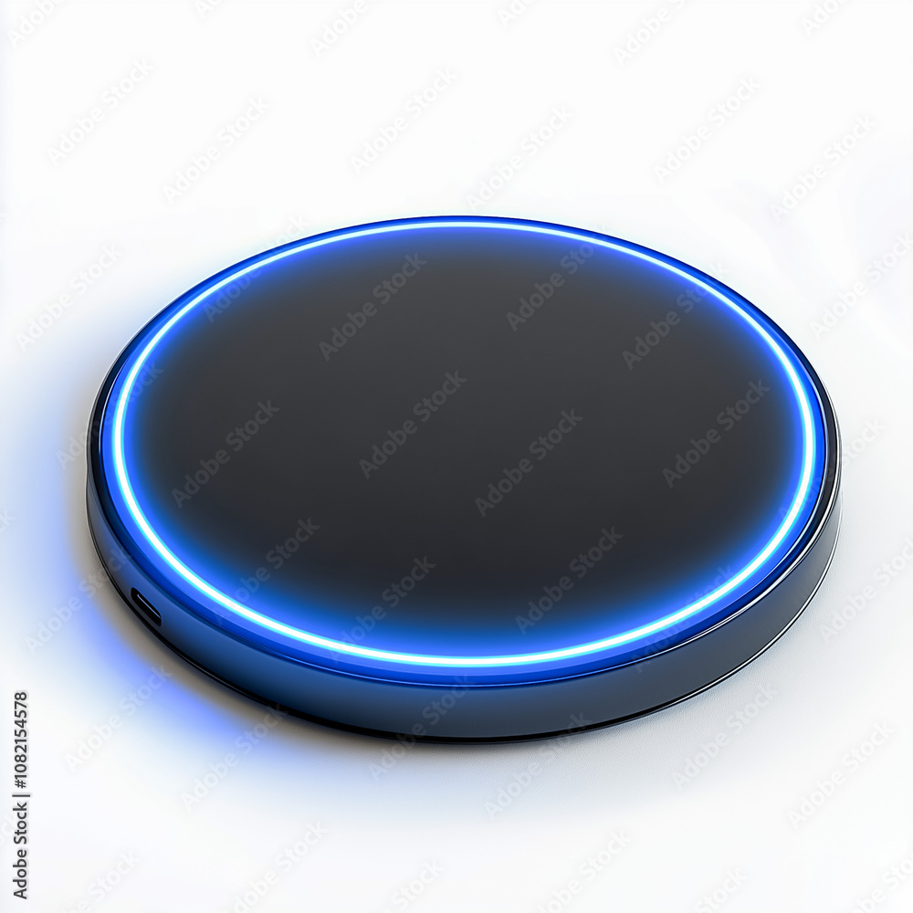 This charging pad features a sleek design and blue LED ring, providing a stylish way to charge devices wirelessly