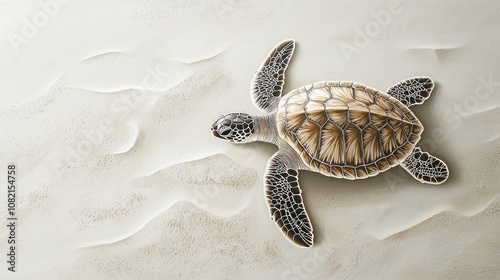 Realistic Turtle Illustration on a Soft Sandy Background, Showcasing Natural Details and Textures in Mixed Media Art for Contemporary Decor photo