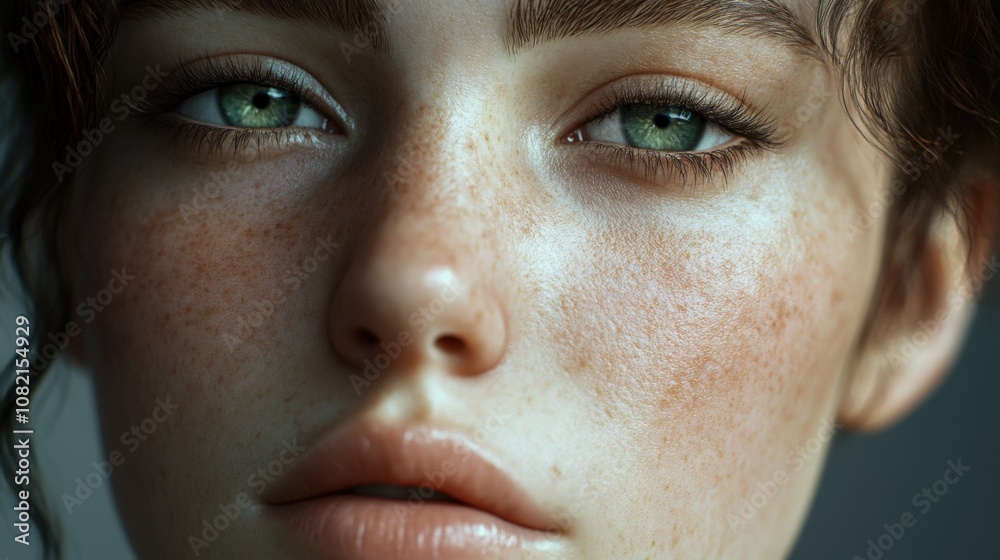 CloseUp Portrait of a Woman with Freckles and Green Eyes CloseUp Portrait of a Woman with Freckles and Green Eyes