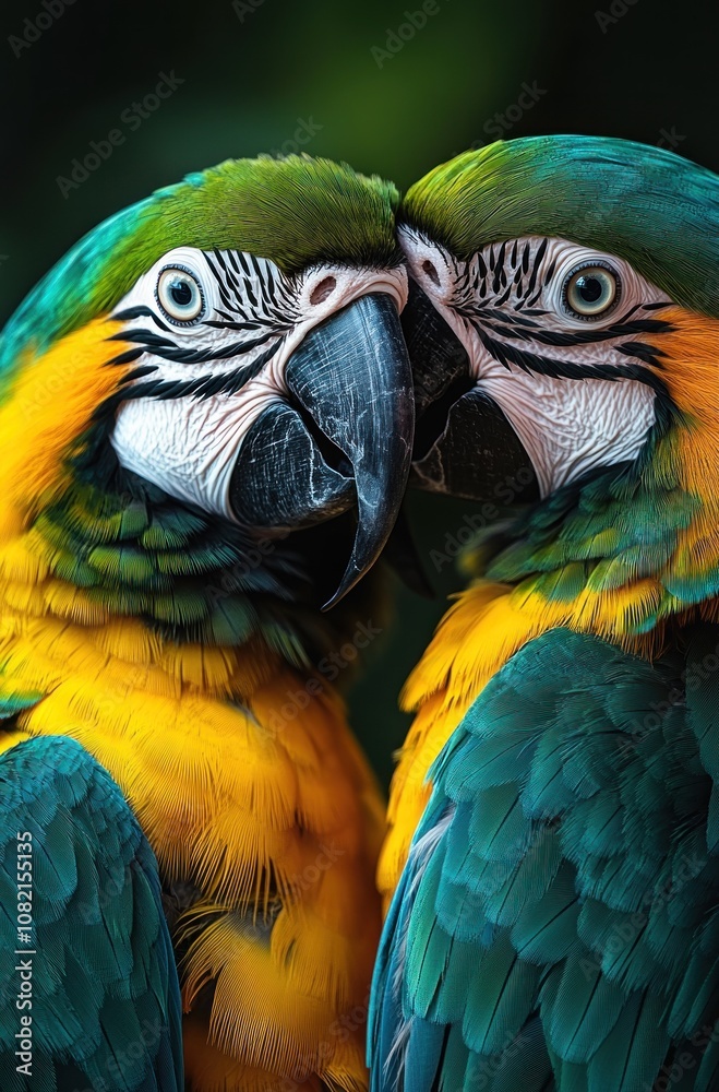 Fototapeta premium Two Vibrant Parrots Displaying Affection with Close-Up Detail of Feathers and Faces in a Lush Green Background, Capturing the Beauty of Nature's Colorful Creatures