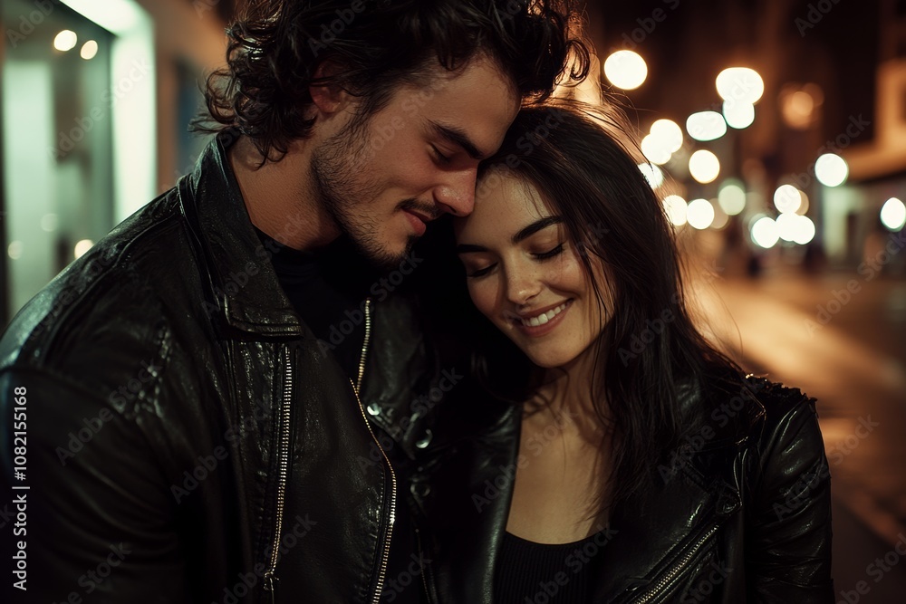 Young couple in leather jackets smiling together on a city street at night