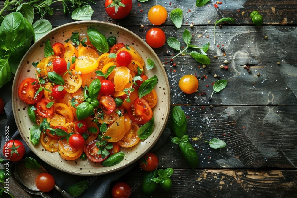 Tomatoes and basil leaves are arranged in a bowl on a table, food background, copy space Tomatoes and basil leaves are arranged in a bowl on a table, food background, copy space
