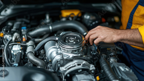 Installing a turbocharger. mechanic hand carefully positions turbocharger in engine, showcasing precision and expertise in automotive repair. scene highlights intricate details of engine components