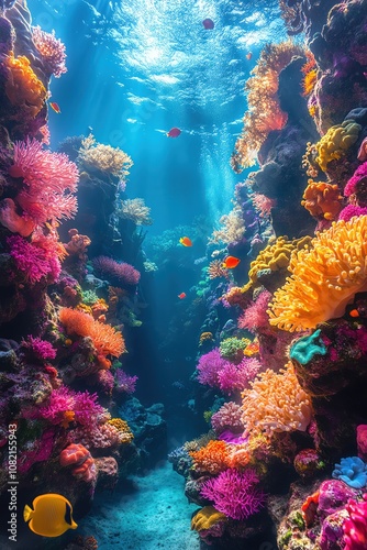 Vibrant coral reef, marine life abundance, deepsea mystery, ethereal lighting photo