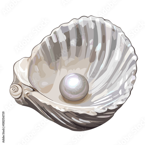 Pearl in seashell. Open seashell scallop oyster and pearl shell icon. Beautiful pearl in clam shell in cartoon flat style. Vector illustration isolated on white background