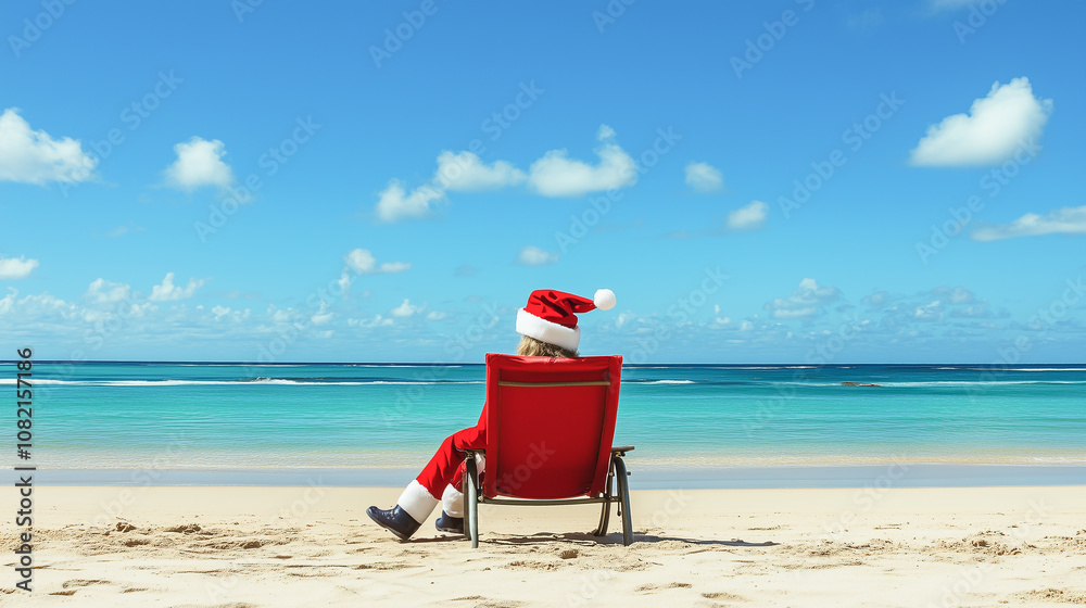 Santa in costume relaxes on beach chair by turquoise ocean under sunny blue sky