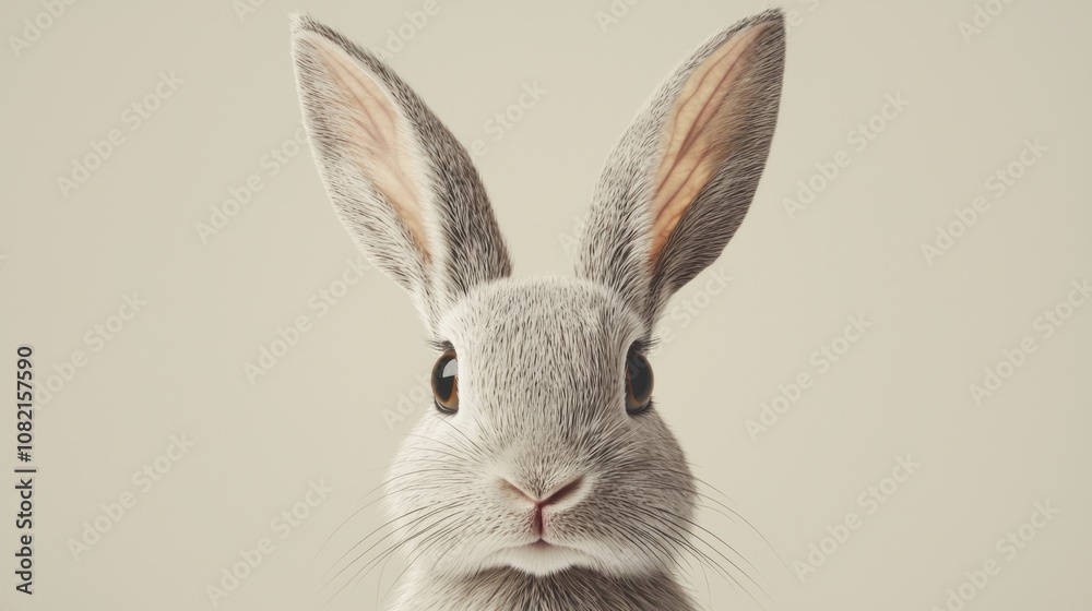Adorable Grey Rabbit with Big Ears and Gentle Expression Against a Soft Neutral Background, Ideal for Easter, Nature, and Animal-Themed Projects Adorable Grey Rabbit with Big Ears and Gentle Expression Against a Soft Neutral Background, Ideal for Easter, Nature, and Animal-Themed Projects