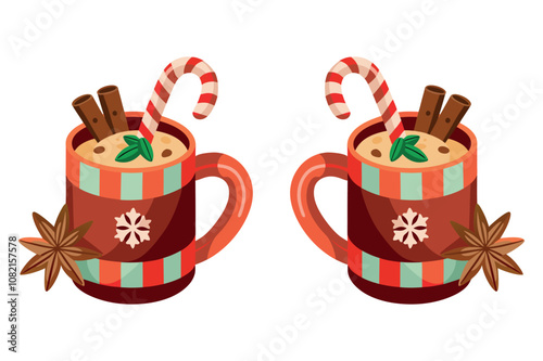 Perfect Hot Chocolate Recipe with Fluffy Whipped Cream and a Sweet Candy Cane Vector, Sip on This Delicious Hot Chocolate with Whipped Cream and a Holiday Candy Cane, Hot Chocolate Mug Vectors