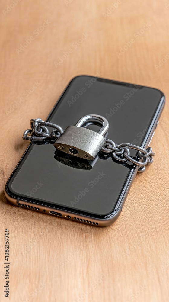 A secured smartphone wrapped in chains with a padlock on a wooden table, representing the protection of mobile data against unauthorized access A secured smartphone wrapped in chains with a padlock on a wooden table, representing the protection of mobile data against unauthorized access