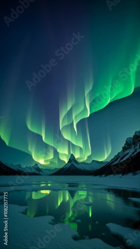 Northern Lights Over Snowy Mountains Reflecting in a Frozen Lake – Seamless Loop Video
