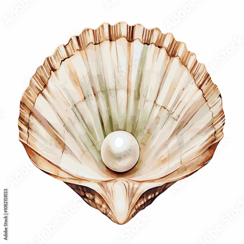 Pearl in seashell. Open seashell scallop oyster and pearl shell icon. Beautiful pearl in clam shell in cartoon flat style. Vector illustration isolated on white background