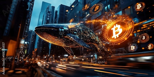 A futuristic scene showing a giant holographic whale hovering over a financial district, with Bitcoin symbols projected around it, representing its control over cryptocurrency markets.