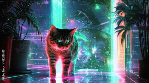 Cat, retro futuristic illustration